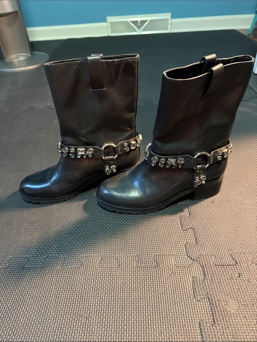 White House Black Market Black Crystal-Embellished Harness Boots